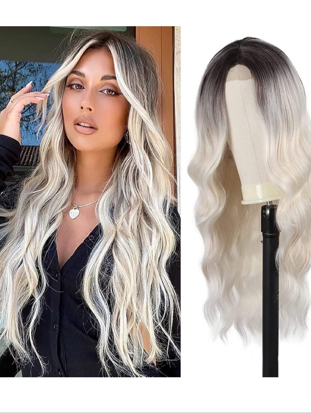 Wavy Wig Natural Synthetic Heat-Resistant Fiber Middle Part Wig 26 Inch